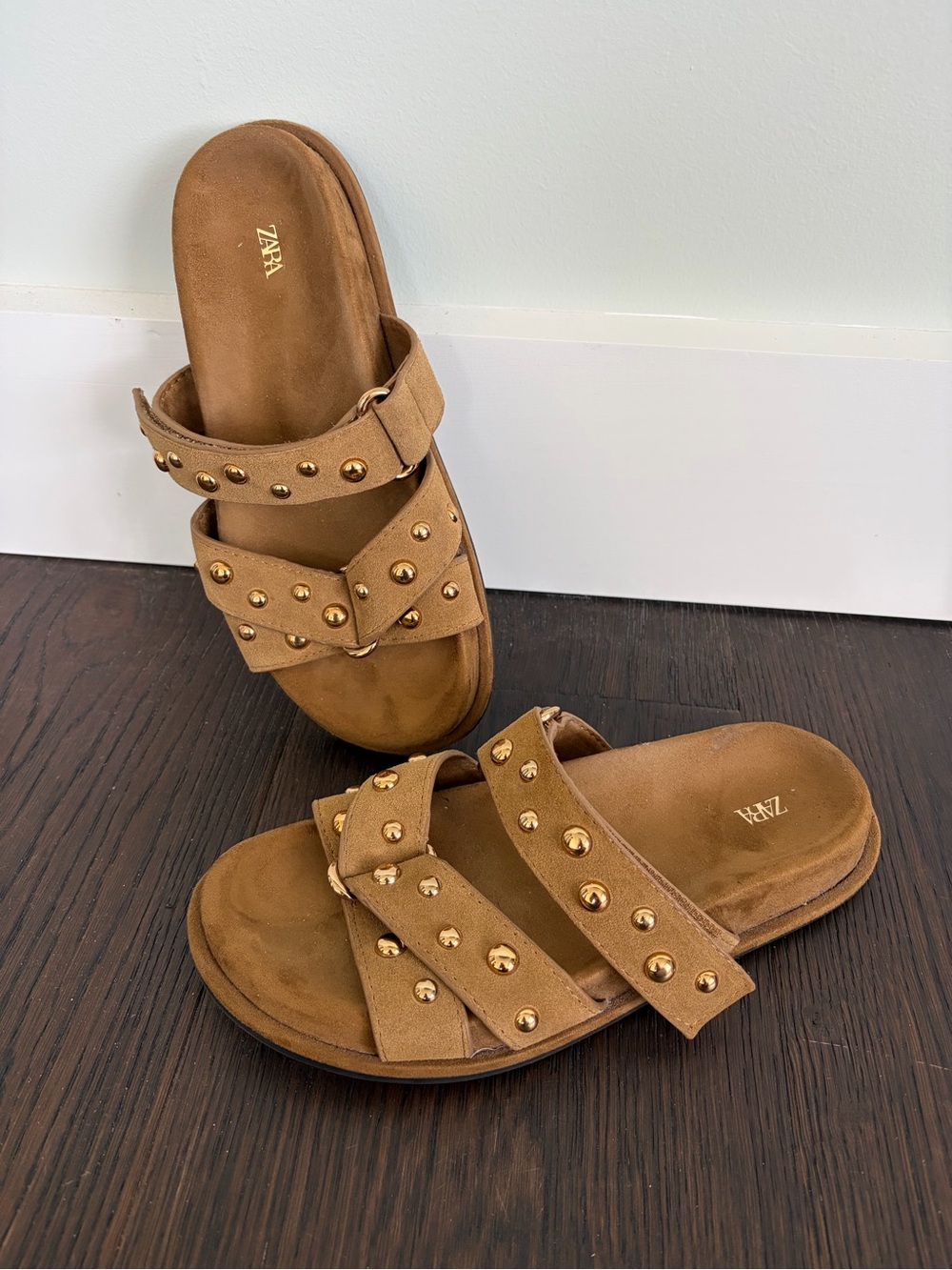 Zara Gold Studded Suede Slide Sandals